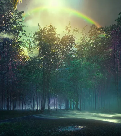 Image similar to daydreaming of the sun glares, fluidity transparent dance of the blockchain sheets, cyberpunk forest, majestic light, octane render, beauty fog, ethereal glare of the sun, raining rainbow, volumetric lighting, hyperealistic, epic, masterpiece