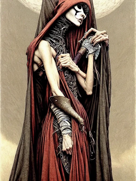 Image similar to soaring woman wearing a huge round mask hiding her face with many thick long blades behind head. dressed in a long robe with wide sleeves. highly detailed, symmetric, concept art, saturated colors, masterpiece, fantasy art, hyperdetailed, hyperrealism, art by zdzisław beksinski, arthur rackham, dariusz zawadzki, larry elmore