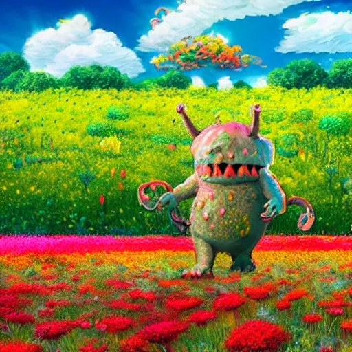 Image similar to A gelatinous monster roaming threw a flower field, landscape