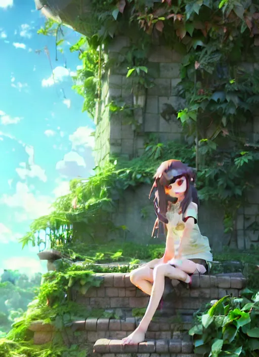 Image similar to girl sitting on a stone stair under a vine rack, many green plant and flower gowing on it, illustration concept art anime key visual trending pixiv fanbox by wlop and greg rutkowski and makoto shinkai and studio ghibli