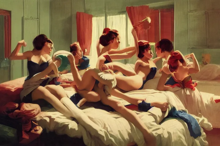 Prompt: pillow fight in the girls dormitory, concept art, by Gil Elvgren, cinematic