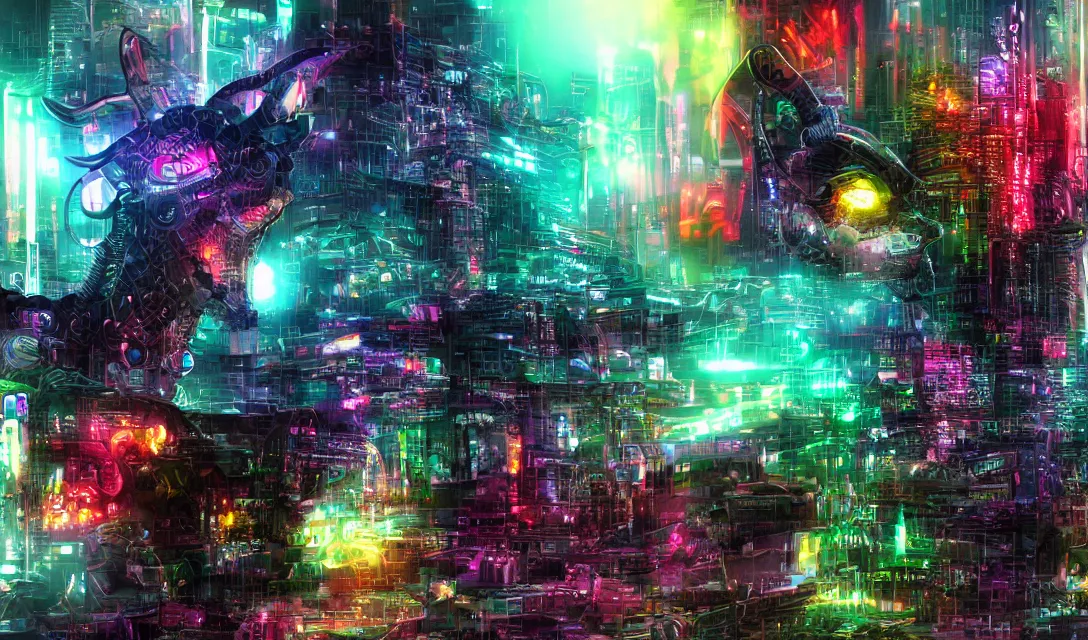 Image similar to complex cyberpunk machine background merged with evil cybernetic goat head in center focus, multicolored digital art