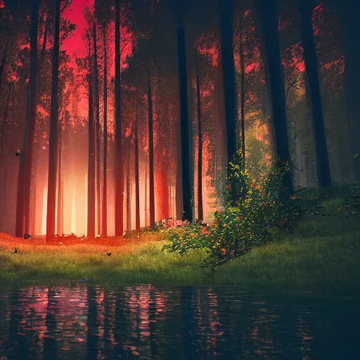 Prompt: a photo of a dream world, forest, river, red spotlight, dark lighting, reflective surface, unreal engine