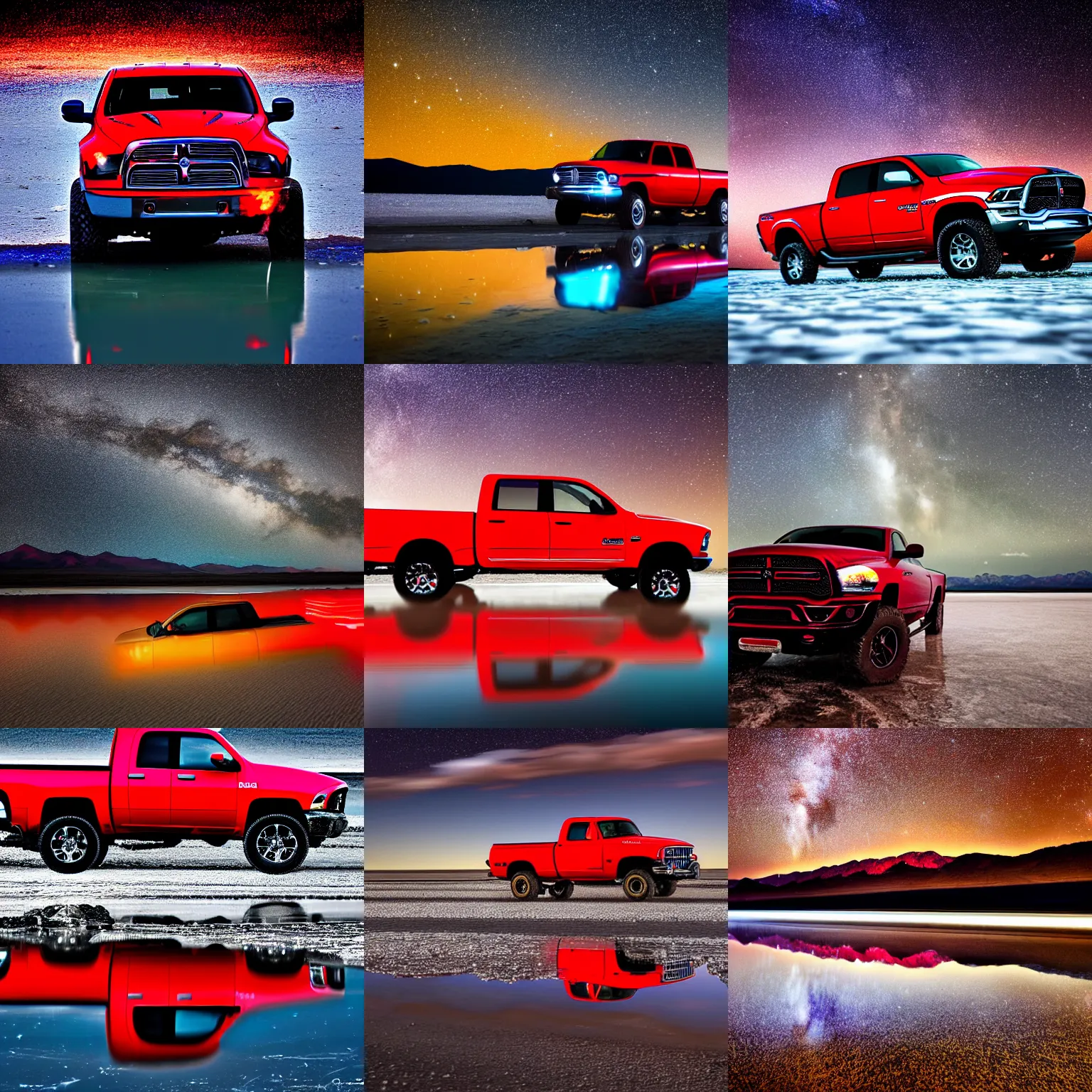 Prompt: dodge ram red power wagon speeding in profile on wet salt flats at night, reflections, long exposure, milky way, Sayem Reza, poster