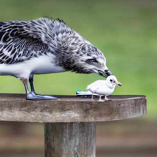 Prompt: a photograph of a combination seagull and raccoon