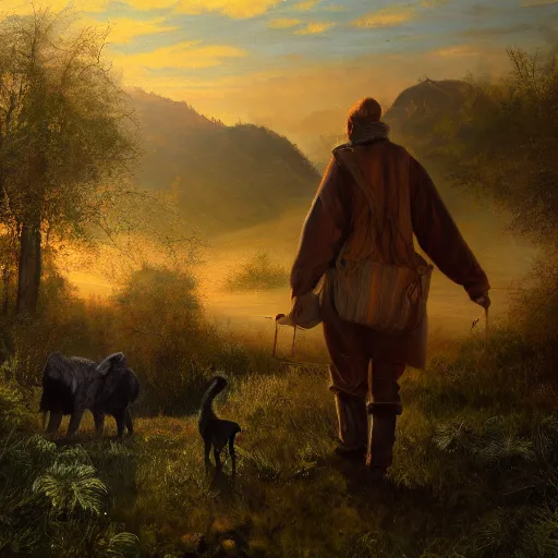 Prompt: oil painting, Wanderer in a land of extremely big giant cats, 4k
