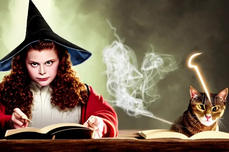 Prompt: close up portrait, dramatic lighting, teen witch calmly pointing a magic wand casting a spell over a large open book on a table with, short hair, cat on the table in front of her, sage smoke, a witch hat cloak, apothecary shelves in the background, still from harry potter and peter pan