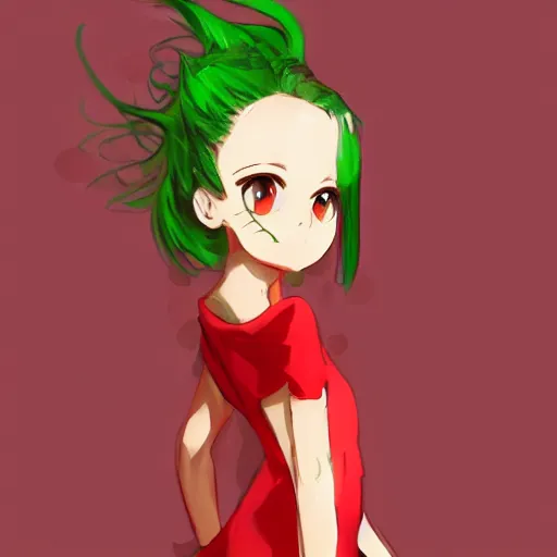 Prompt: a girl wearing a red dress, she has red eyes and green hair, anime art, HD, ambient lighting, artstation, smooth