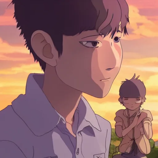 Image similar to friendly guy and small creature , with Fragile looking character portrait face made by Studio Ghibli highly detailed art, beautiful scene, sharp focus, smooth, 8k, anime art, wild, dark, fantasy, peaceful, sunshine, light