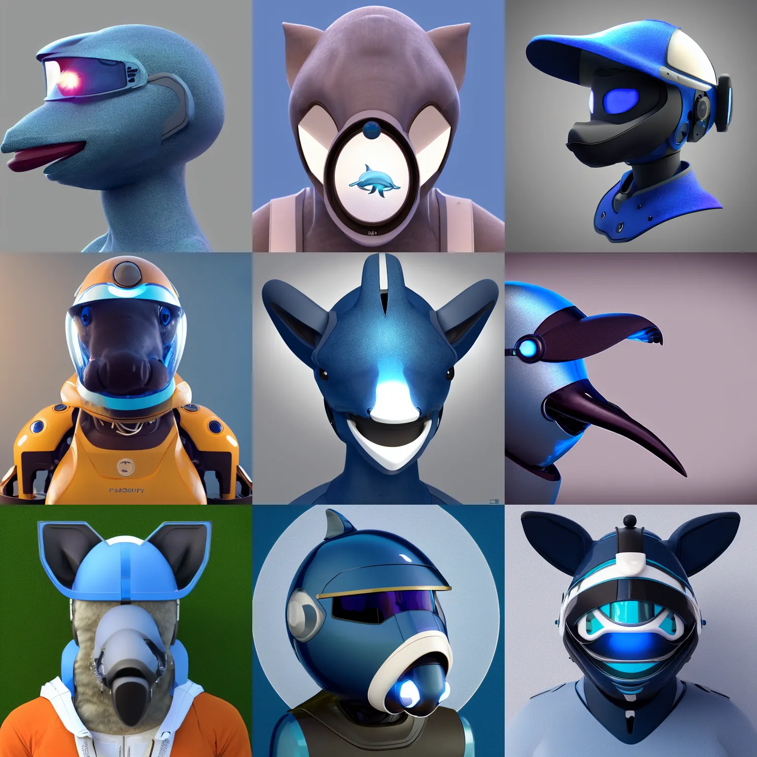 Prompt: very very beautiful furry art, bust profile picture of a robotic anthro bottlenose dolphin, visor screen for face, truncated snout under visor, round shapes, dark blue plastic, commission on furaffinity, cgsociety, octane render