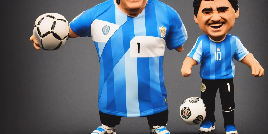 Image similar to funko of maradona with big head, argentina t - shirt, smile, no beard, stand with a ball under his left foot, max resolution, high contrast, cinematic, light cinematic, volumetric, realistic, cinematic lighting, octane render, hyper realistic