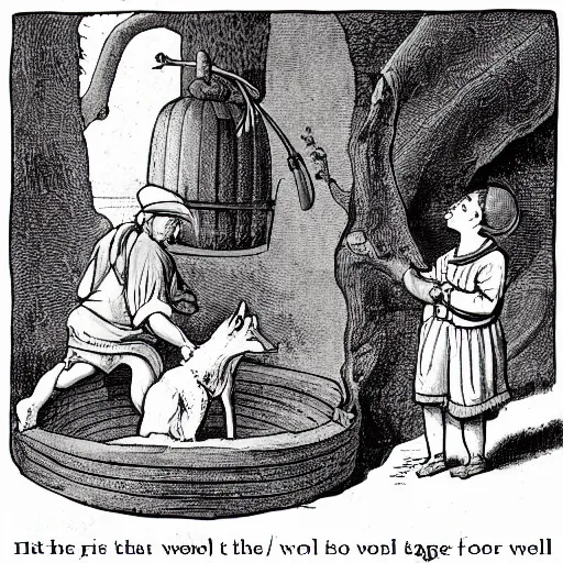 Prompt: illustration of the Aesop fable, The Wolf and the Well