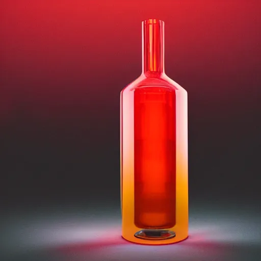 Prompt: an award - winning photo of a translucent glass vodka bottle in the shape and style of a propane cylinder with a red gradient in a warehouse, dramatic lighting, 5 0 mm, ƒ / 8, behance