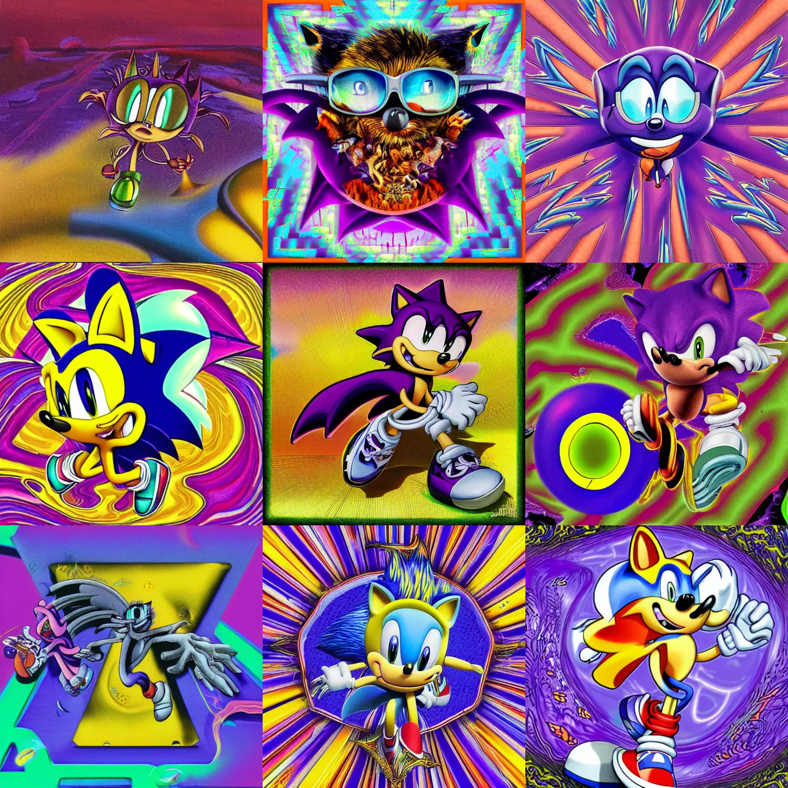 Image similar to surreal, faded, totally radical detailed professional, high quality airbrush art MGMT album cover of a liquid dissolving LSD DMT sonic the hedgehog on a flat purple checkerboard plane, 1990s 1992 prerendered graphics raytraced phong shaded album cover, in the style of John Kricfalusi