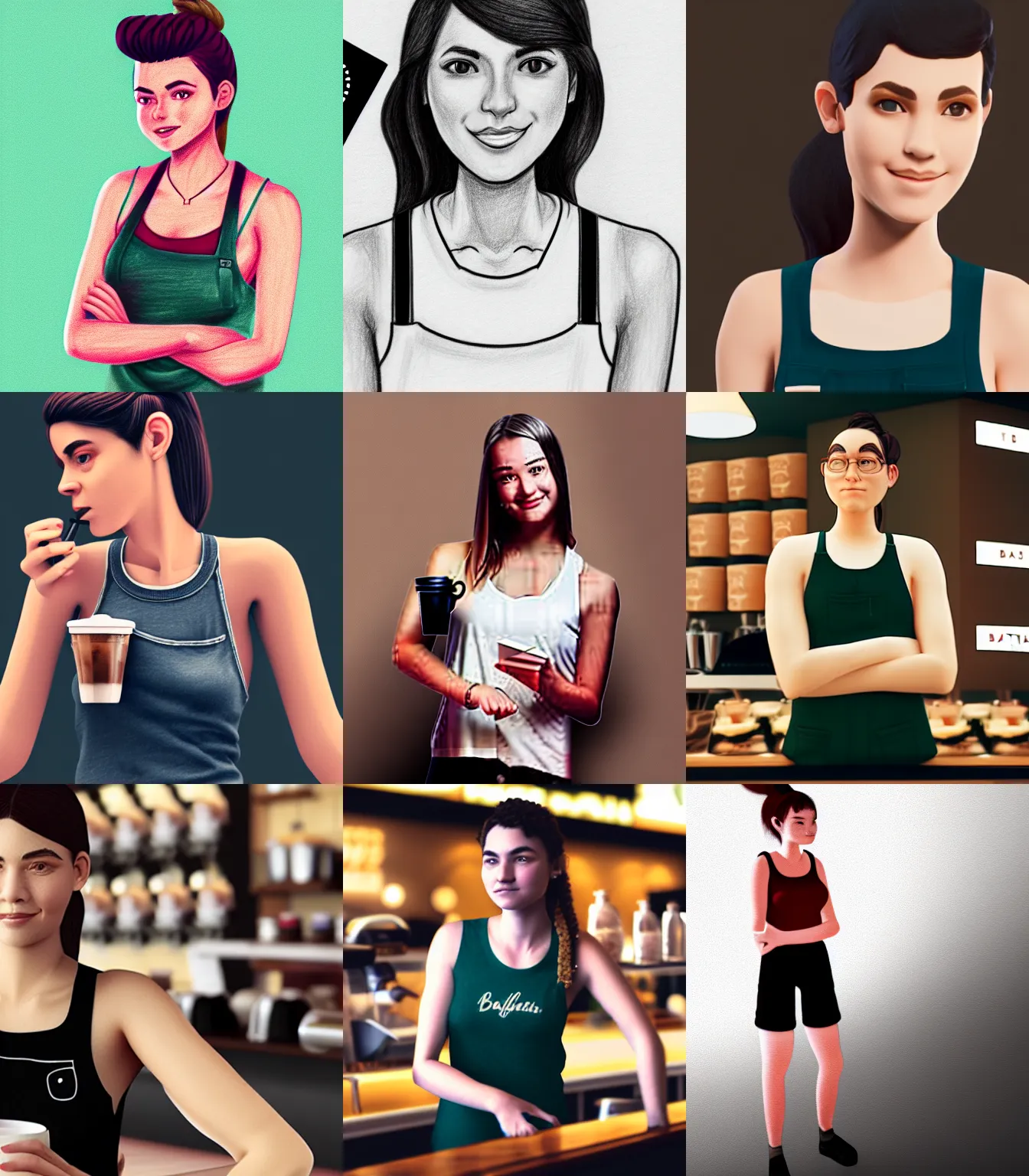 Prompt: drawing of a barista in her 20s, wearing a tanktop, detailed, rendered in octane