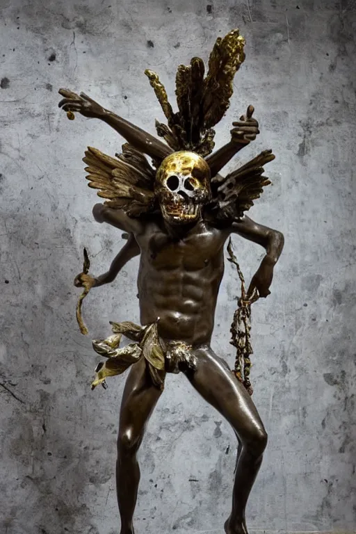 Image similar to Jean-Michel Basquiat as a bronze statue of Icarus reaching for the sun with a skull mask and wings as a corrupted and glitched Greek sculpture, glowing quartz crystal skull, wreath of ferns, abstract milky quartz eyes, many large flying monster eyes, flowing sakura silk, fabric, flowers. baroque elements, human skull. full-length view. baroque element. intricate artwork by caravaggio. many many birds birds on background. Trending on artstation. halo. octane render, cinematic, hyper realism, octane render, 8k, depth of field, 3D