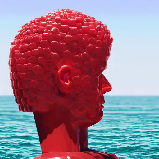 Image similar to a giant human head sculpture in the sea made out of red jelly, in the style of chad knight, long shot, hyper detailed, hyper realistic, ray tracing, 8 k resolution, sharp focus, realistic water, award winning