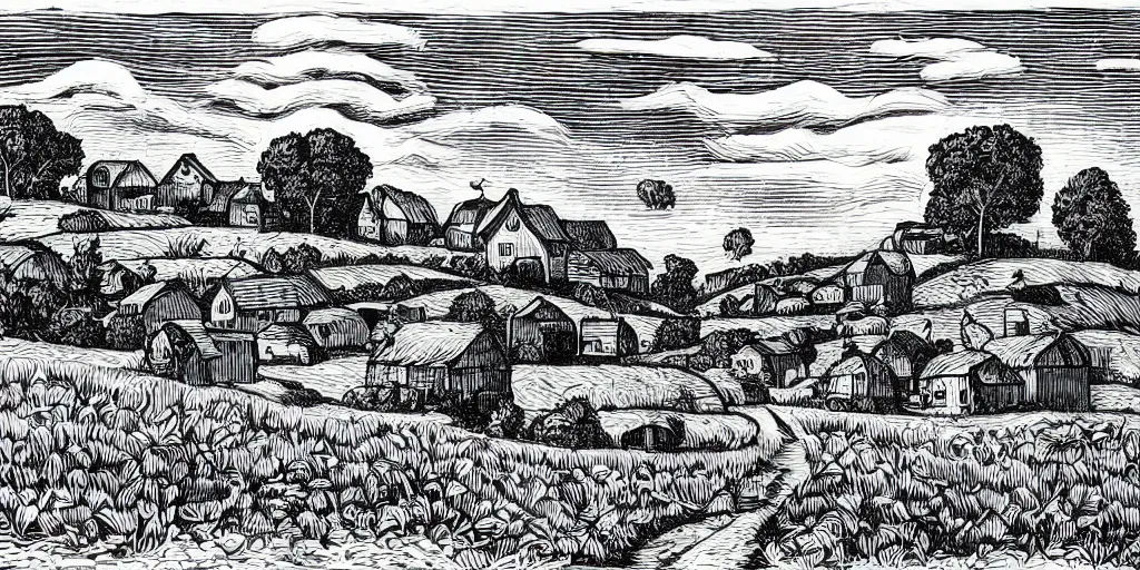 Prompt: Village with fields and sun. Rural landscape with small farm and trees. Hand drawn engraving style