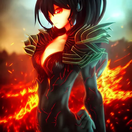 Image similar to portrait focus of demon beautiful 3D anime girl, Molten lava armor wearing, dark volcano background, ash falling, bokeh, inspired by Masami Kurumada, digital painting, high contrast, unreal engine render, volumetric lighting, high détail