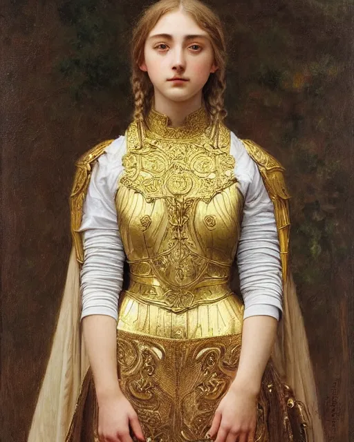 Image similar to a 16-year old girl who resembles Ana de Armas and Saoirse Ronan, dressed in ornate, detailed, intricate golden armor, detailed oil painting by William Adolphe Bouguereau and Donato Giancola