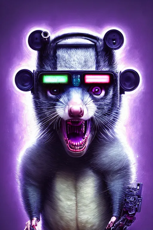 Image similar to a beautiful portrait of a cute cyberpunk opossum screaming by sandra chevrier and greg rutkowski and wlop, purple blue color scheme, high key lighting, volumetric light, digital art, highly detailed, fine detail, intricate, ornate, complex, octane render, unreal engine, photorealistic