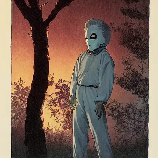 Image similar to michael myers in outside the myers house, halloween night, finely illustrated pale mask, moon light, shrubs, highly detailed, colored pencil, gainax, tankobon, in the style of ilya kuvshinov and yoshiyuki sadamoto and william - adolphe bouguereau and alphonse mucha