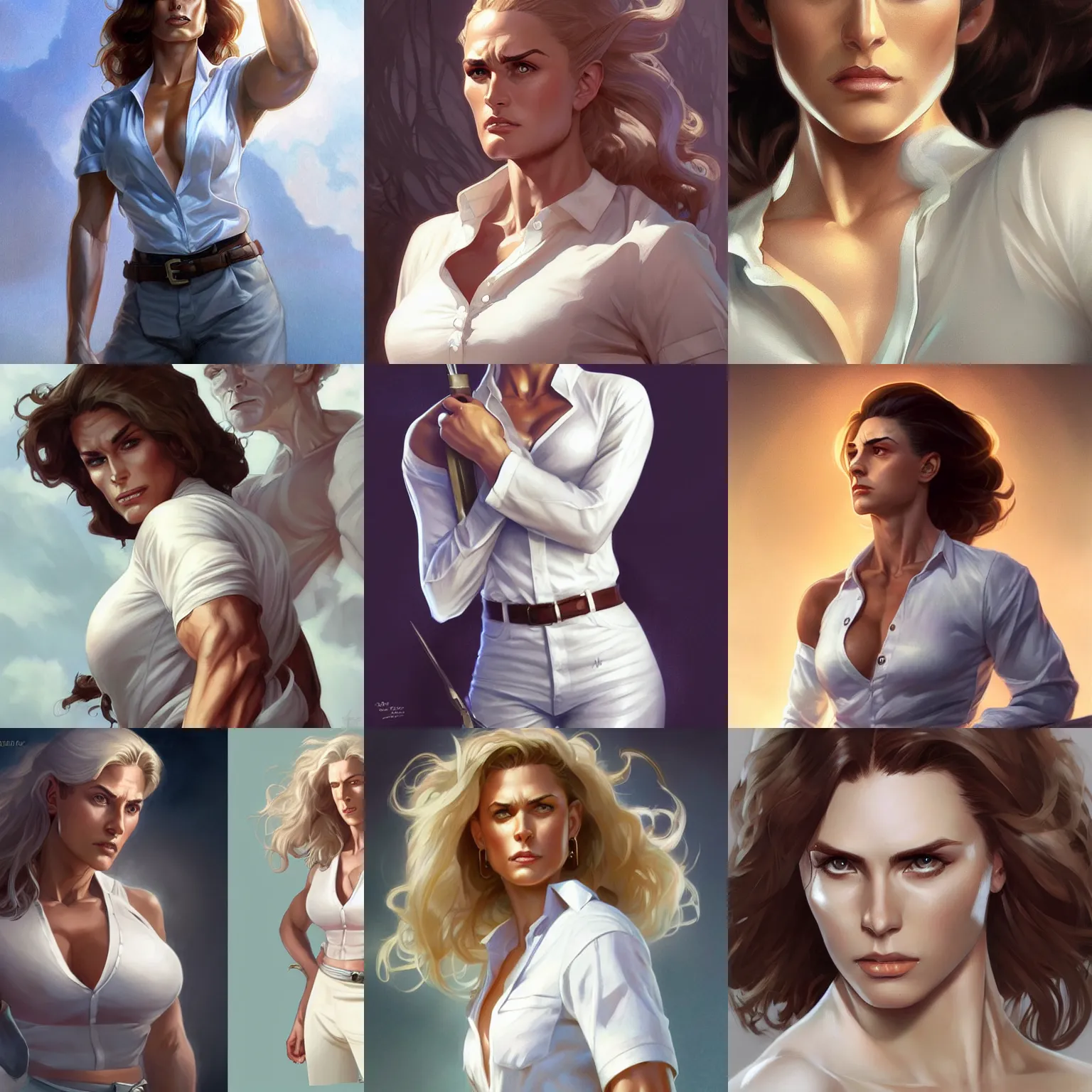 Prompt: female doc savage, white shirt, muscular, fantasy, D&D, portrait, highly detailed, digital painting, artstation, concept art, sharp focus, illustration, art by artgerm and greg rutkowski and alphonse mucha