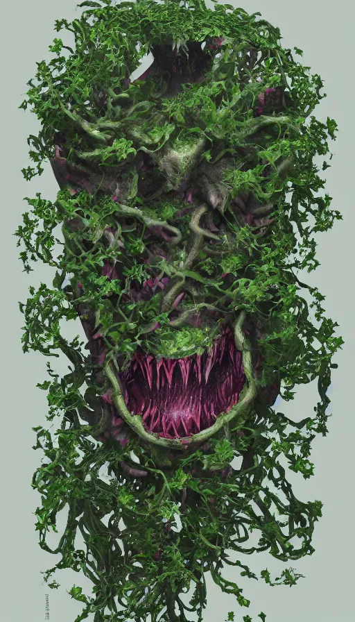 Image similar to hyperrealistic still life painting of a carnivorous underwater ivy demon, botanical print, Octane render