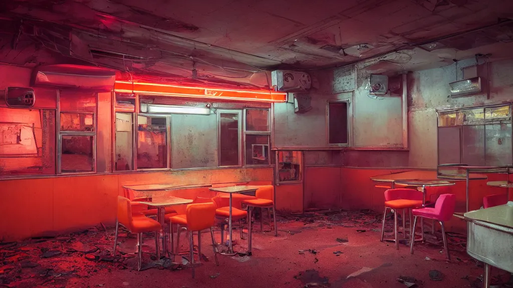 Image similar to the inside of an abandoned 5 0's diner at night, by lee madgwick and bastien lecouffe - deharme, pink and orange neon lights, highly detailed interior, artstation trending, cryenging 8 k uhd