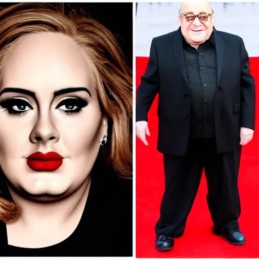 Prompt: Adele with Danny Devito face transplant, concert, live performance, full body shot