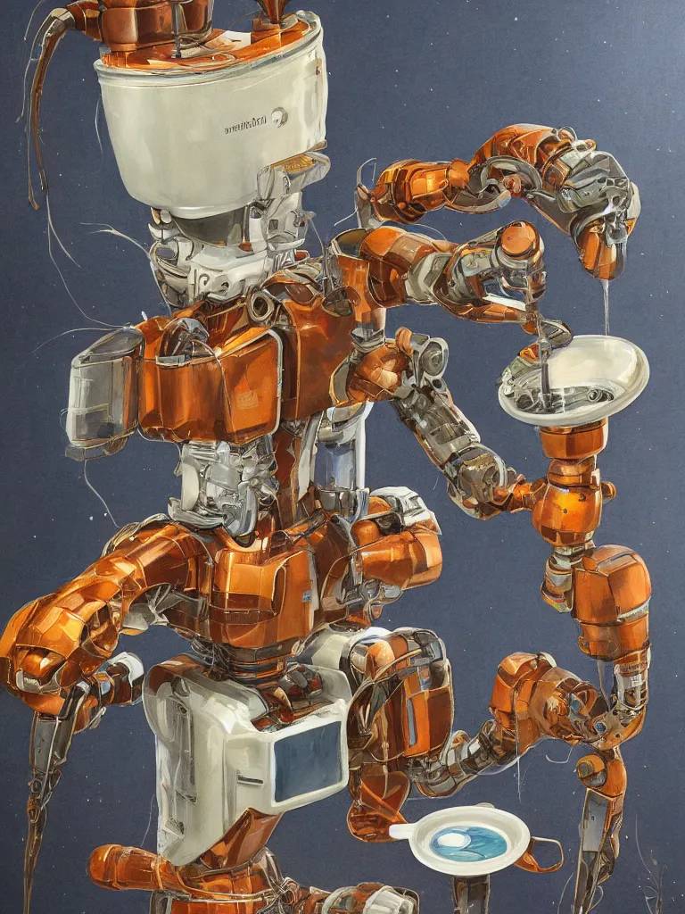 Prompt: half-length portrait of my friendly empatic robot offering a cup of fresh steaming coffee, by Simon Stalenhaag, by Yoshita Amano, by Esao Andrews, sharp focus, fresh colors, diviantart