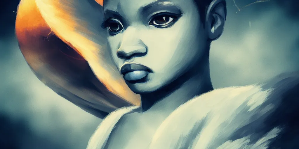 Image similar to portrait of african angel, cloud background, uplight, symmetrical!!, anime, prism highlights, depth of field, cinematic, filmic, vsco, concept art, artstation, digital painting, elegant, epic, focus