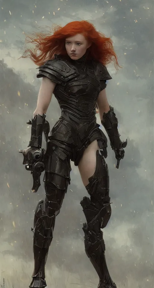 Prompt: short muscular redhead young woman wearing black lowpoly armour, bare legs, detailed, by gaston bussiere, bayard wu, greg rutkowski, giger, maxim verehin, greg rutkowski, masterpiece, sharp focus, cinematic lightning