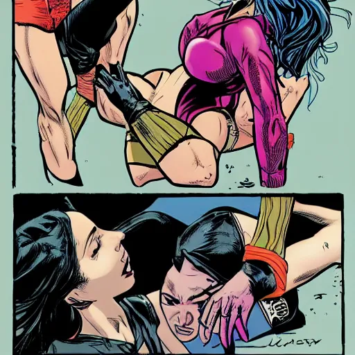 Image similar to In the style of Rafael Albuquerque comic art, Iggy Azalea and Gal Gadot wrestling on a street corner.