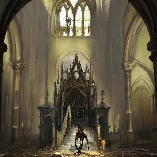 Prompt: Skeleton King wearing ragged clothes resting on a throne inside a cathedral, old castle, oil painting, by Fernanda Suarez and Greg Rutkowski