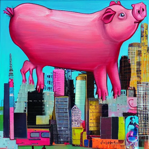 Prompt: “tall queer woman with long pink hair and a tall emo girl, a giant weedy pig, grassy skyscraper, acrylic and spray paint and oilstick on canvas, surrealism, neoexpressionism”