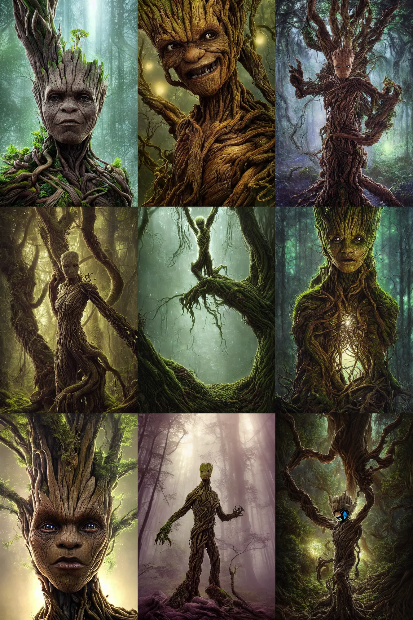 Prompt: a stunning ultra detailed fantasy fine art closeup photo of a calm groot connected to sinuous trees in a misty rainforest bathed in moonlight, rain, fireflies illuminating groot!, by tomasz alen kopera and anna dittman, night, very detailed, deep depth of field, 8 5 mm lens, soft lighting, artstation, highly coherent, 8 k