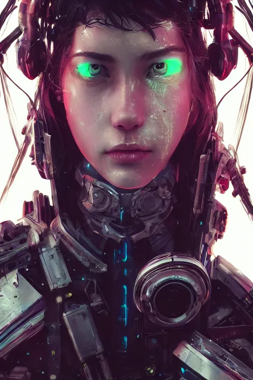 Image similar to beautiful close - up portrait of a cyborg mercenary girl, art by wlop and liam wong, cyberpunk, neon, combat armor, head and shoulders, long hair, intricate details, trending on artstation, sharp focus, caustics, octane render, radiant light, 4 k