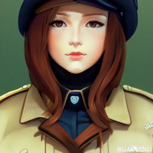 Prompt: portrait bust of young woman with long light brown hair and hazel eyes dressed in a sharp dark teal military uniform with beret, smiling, ilya kuvshinov, anime, loish, ross tran