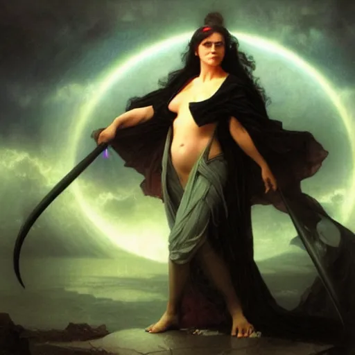 Image similar to artistic scene of a fierce beautiful figure the called the moonbow queen with beautiful face in a black cloak in battle ready pose and strangers coming against her, a rainbow in the dark, colorful, by Michael Whelan, William Adolphe Bouguereau, and Donato Giancola, highly rendered, beautiful, cyberpunk, moody lighting, glowing light and shadow, atmospheric, shadowy, cinematic, 8K