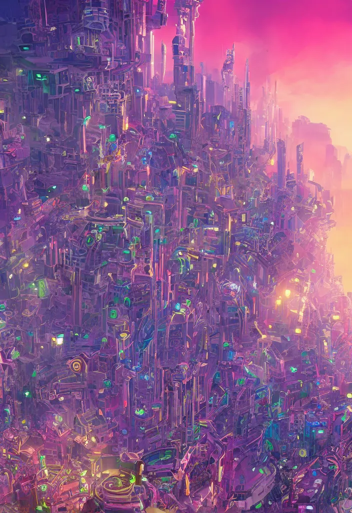 Prompt: concept art image of an intricate detailed dmt skyscraper amidst a futuristic city against a fantastic colorful sky with a couple moons, by anton fadeev, by denise scott brown, architectural rendering