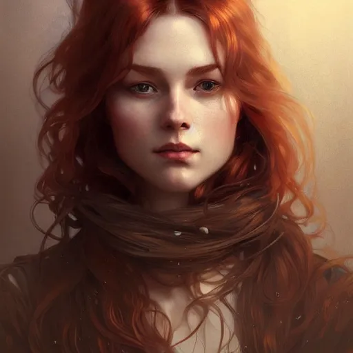 Prompt: A full portrait of Nordic female, 30 years old, brown red long hair, intricate, elegant, highly detailed, digital painting, artstation, concept art, smooth, sharp focus, illustration, art by Krenz Cushart and Artem Demura and alphonse mucha