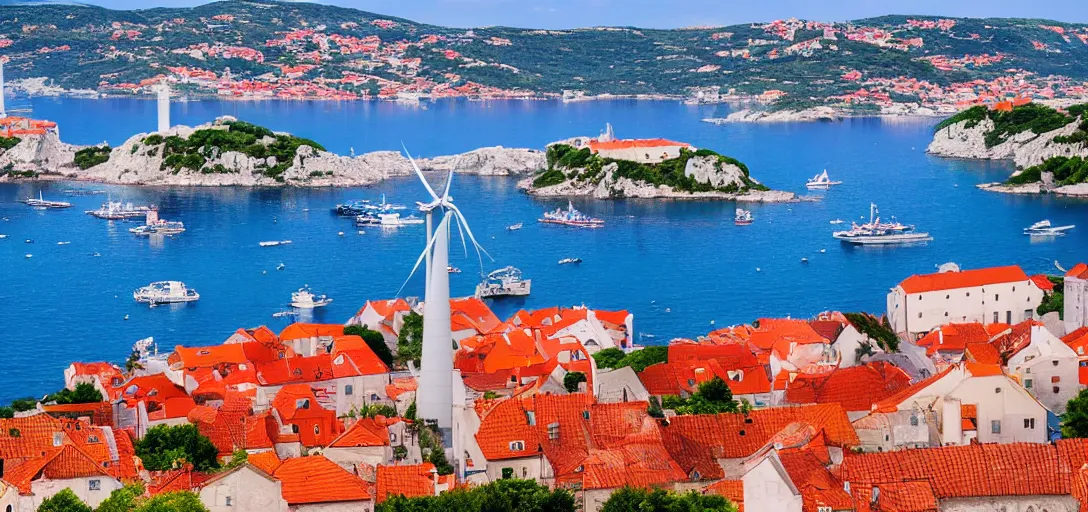 Prompt: landscape photo of croatian coast, village, futuristic, far future, big towers, skyscrapers, wind turbines at sea, big ships, photorealistic