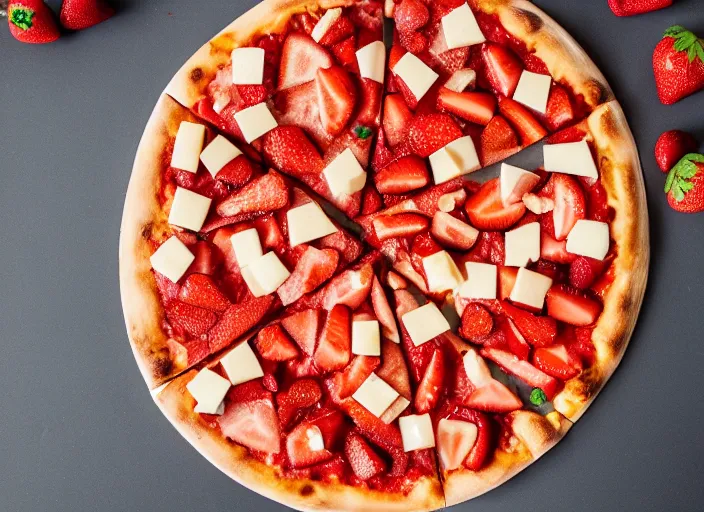 Image similar to A delicious plate of a big pizza with strawberries on, extra cheese, close up food photography, studio lighting, Sigma 35mm f/1.4