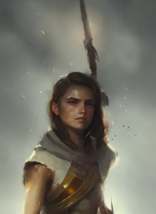 Prompt: A portrait of the warrior daughter in the style of in the style of Greg Rutkowski, heavenly light, style of Charles Sillem Lidderdale, artstation