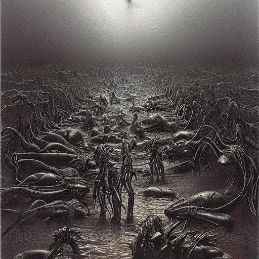 Image similar to a horde of alien clawed creatures arise from a flooded street in a deserted city by zdzisław beksinski and h. r giger