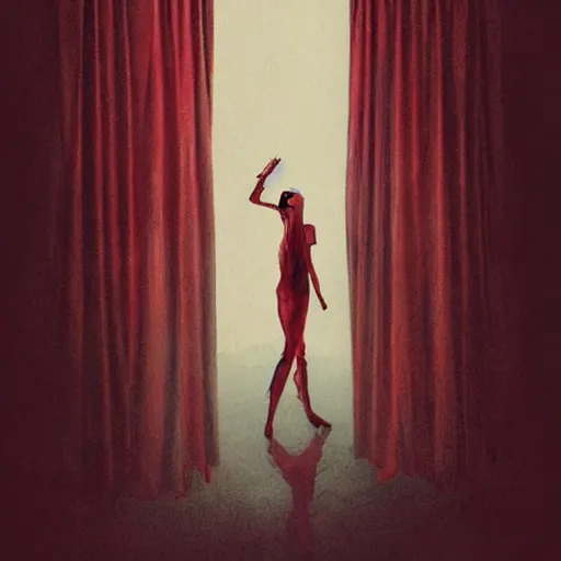 Image similar to pelham puppet behind red curtains, by Conrad Roset and Brooke Shaden and Nicola Samuri , medium shot, rule of thirds, seductive look, beautiful, intricate, dystopian, sci-fi, extremely detailed, digital painting, artstation, concept art, smooth, sharp focus, intimidating lighting, incredible art, details visible, very dark ambiance