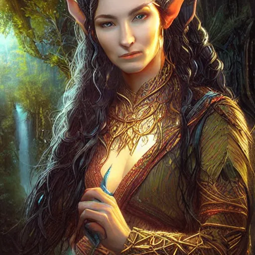 Image similar to portrait of a elven woman ( 3 5 ) from lothlorien, an oil painting by ross tran and thomas kincade