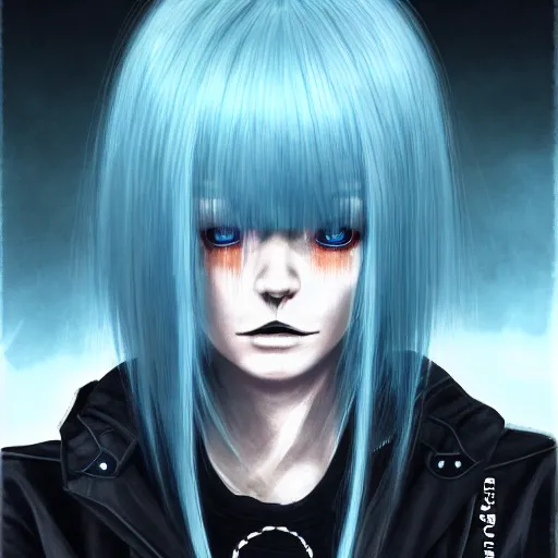 Image similar to high contrast photo of rimuru tempest, sky blue straight hair, bangs, with amber eyes, wearing a black jacket, high collar, ultra detailed, brush strokes, skin texture, digital painting, cinematic, wlop, pixiv, eerie, scary, intimidating glare, evil, junji ito, yoshitaka amano