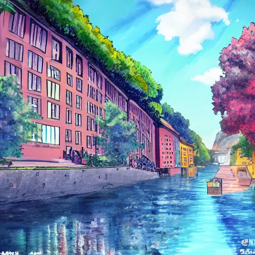 Prompt: a painting of mariaberget in stockholm during summer, anime style